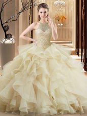 Champagne Organza Quince Ball Gowns Sleeveless Brush Train Beading and Ruffles