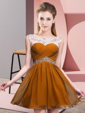 Brown Prom Evening Gown Prom and Party with Beading and Ruching Scoop Sleeveless Backless