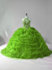 Low Price Organza Halter Top Sleeveless Court Train Lace Up Beading and Pick Ups Quinceanera Dresses in Green