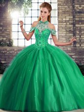 Eye-catching Brush Train Ball Gowns Ball Gown Prom Dress Green Halter Top Tulle Sleeveless Lace Up