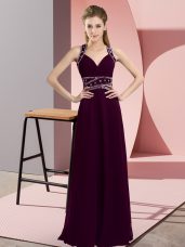 Chiffon Straps Sleeveless Backless Beading Prom Party Dress in Dark Purple
