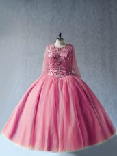 Cute Pink Lace Up Scoop Beading Sweet 16 Dresses Tulle Long Sleeves