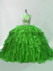 Custom Design Zipper Quinceanera Dress Green for Sweet 16 and Quinceanera with Beading and Ruffles Brush Train
