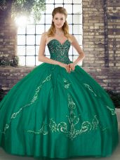 Affordable Turquoise Ball Gowns Sweetheart Sleeveless Tulle Floor Length Lace Up Beading and Embroidery Sweet 16 Quinceanera Dress