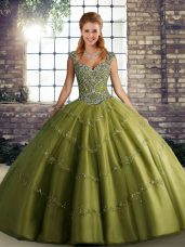 Pretty Olive Green Tulle Lace Up Sweet 16 Dress Sleeveless Floor Length Beading and Appliques