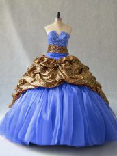 Cute Blue Sleeveless Brush Train Beading and Pick Ups Sweet 16 Dress