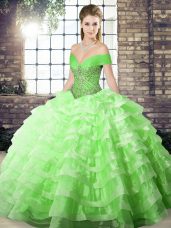 Sleeveless Brush Train Beading and Ruffled Layers Lace Up Quince Ball Gowns