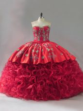 Red Ball Gowns Sweetheart Sleeveless Fabric With Rolling Flowers Brush Train Lace Up Embroidery Quince Ball Gowns
