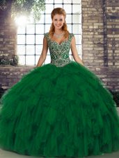 Green Sleeveless Organza Lace Up Quince Ball Gowns for Military Ball and Sweet 16 and Quinceanera