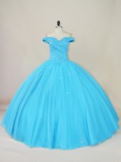 Floor Length Blue Quinceanera Gown Tulle Sleeveless Beading