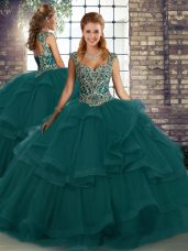 Sweet Peacock Green Sleeveless Floor Length Beading and Ruffles Lace Up 15th Birthday Dress