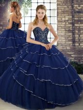 Navy Blue Tulle Lace Up Quinceanera Dress Sleeveless Brush Train Beading and Ruffled Layers