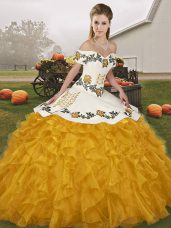 Off The Shoulder Sleeveless Lace Up 15 Quinceanera Dress Gold Organza