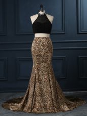 High-neck Sleeveless Printed Prom Dresses Beading Court Train Zipper