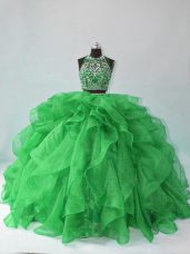 Green Two Pieces Beading and Ruffles Sweet 16 Dresses Backless Organza Sleeveless Floor Length