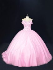 Fitting Baby Pink 15 Quinceanera Dress Tulle Court Train Sleeveless Beading