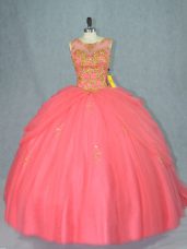 Watermelon Red Ball Gowns Scoop Sleeveless Tulle Brush Train Lace Up Beading Vestidos de Quinceanera