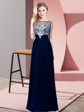 Royal Blue Backless Scoop Beading Prom Gown Chiffon Sleeveless