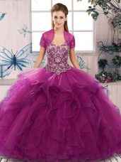 Fine Beading and Ruffles 15th Birthday Dress Fuchsia Lace Up Sleeveless Floor Length