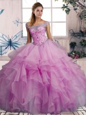 Floor Length Lilac Sweet 16 Dress Organza Sleeveless Beading and Ruffles