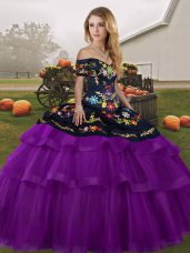 Black And Purple Sleeveless Embroidery and Ruffled Layers Lace Up Quinceanera Dress
