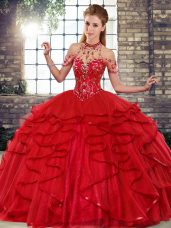 Red Sleeveless Beading and Ruffles Floor Length Quinceanera Dress