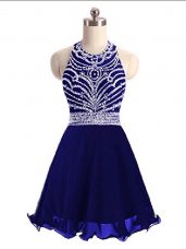 Glamorous Mini Length Lace Up Cocktail Dresses Blue for Prom and Party with Beading