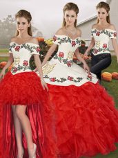 Fashionable White And Red Sleeveless Embroidery and Ruffles Floor Length 15th Birthday Dress