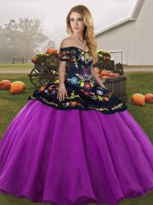 Off The Shoulder Sleeveless 15 Quinceanera Dress Floor Length Embroidery Black And Purple Tulle