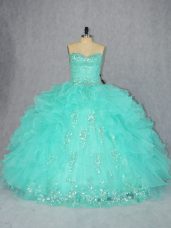 Aqua Blue Sleeveless Organza Lace Up Quinceanera Gowns for Sweet 16 and Quinceanera
