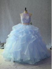 Affordable Halter Top Sleeveless Backless Beading and Ruffles Quinceanera Dress in Blue