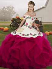 Fuchsia Quinceanera Gowns Military Ball and Sweet 16 and Quinceanera with Embroidery and Ruffles Off The Shoulder Sleeveless Lace Up