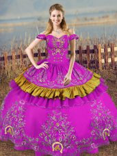 Purple Ball Gowns Off The Shoulder Sleeveless Organza Floor Length Lace Up Embroidery Quince Ball Gowns
