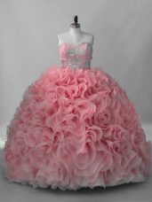 Sweetheart Sleeveless 15th Birthday Dress Brush Train Beading Pink Fabric With Rolling Flowers