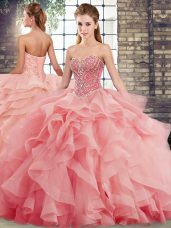 New Style Sweetheart Sleeveless Tulle Quince Ball Gowns Beading and Ruffles Brush Train Lace Up