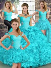 Aqua Blue Organza Lace Up Quinceanera Gown Sleeveless Floor Length Beading and Ruffles