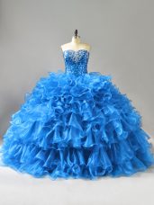 Beading and Ruffles and Sequins Sweet 16 Dresses Blue Lace Up Sleeveless Floor Length