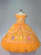Organza Off The Shoulder Sleeveless Lace Up Embroidery Vestidos de Quinceanera in Gold