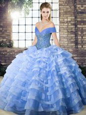 Sleeveless Organza Brush Train Lace Up Quinceanera Dress in Blue with Beading and Ruffled Layers