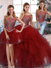 Three Pieces 15th Birthday Dress Burgundy Scoop Organza Sleeveless Floor Length Zipper