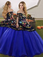Free and Easy Sleeveless Floor Length Embroidery Lace Up Sweet 16 Dress with Royal Blue