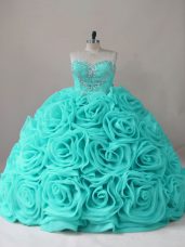 Glamorous Aqua Blue Ball Gowns Sweetheart Sleeveless Fabric With Rolling Flowers Lace Up Beading Quinceanera Dress
