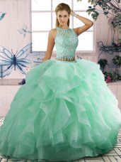 Apple Green Ball Gowns Scoop Sleeveless Tulle Floor Length Lace Up Beading and Ruffles Sweet 16 Dress
