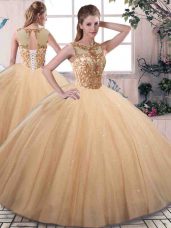 Floor Length Gold Quinceanera Dresses Scoop Sleeveless Lace Up