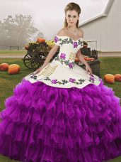Wonderful White And Purple Off The Shoulder Neckline Embroidery and Ruffled Layers Quinceanera Dresses Sleeveless Lace Up