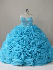 Beading Quinceanera Gown Baby Blue Side Zipper Sleeveless Brush Train