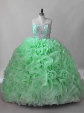 Hot Sale Fabric With Rolling Flowers Lace Up Sweetheart Sleeveless Quinceanera Gown Brush Train Beading