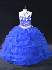 Fine Blue Ball Gowns Beading and Appliques Sweet 16 Quinceanera Dress Backless Organza Sleeveless Floor Length