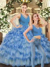 Enchanting Floor Length Blue Sweet 16 Quinceanera Dress V-neck Sleeveless Backless