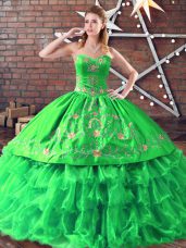 Lovely Sweetheart Sleeveless Sweet 16 Dress Floor Length Embroidery Green Organza